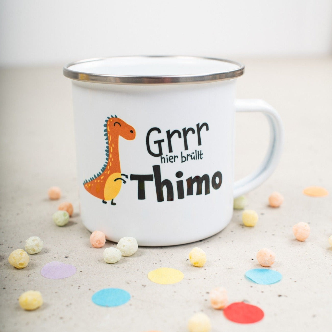 Emaille Tasse "Hier brüllt"