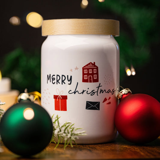 Keksdose "Merry Christmas" mit Häuschen und Geschenken