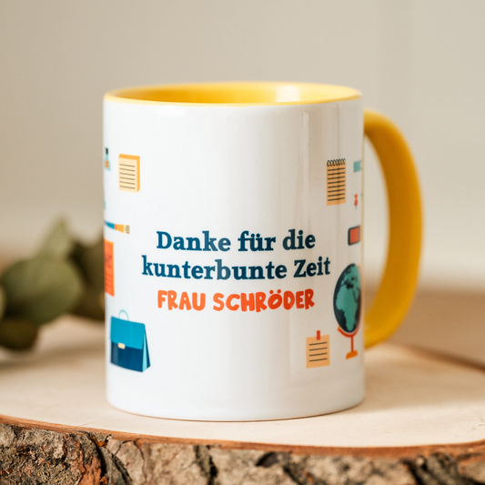 Farbige Keramik Tasse "Danke für die kunterbunte Zeit"