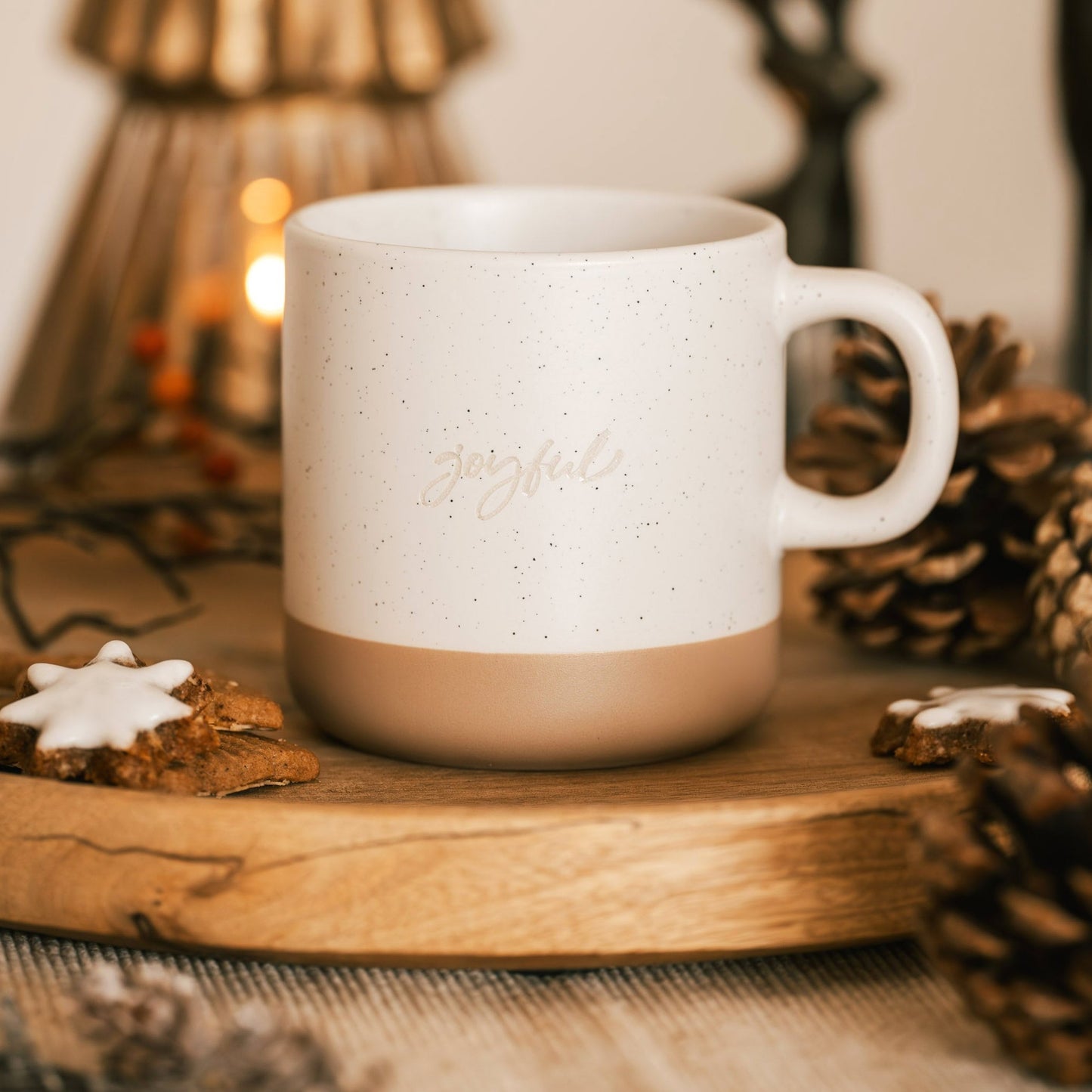Steingut Tasse "Joyful" & "Let it snow"