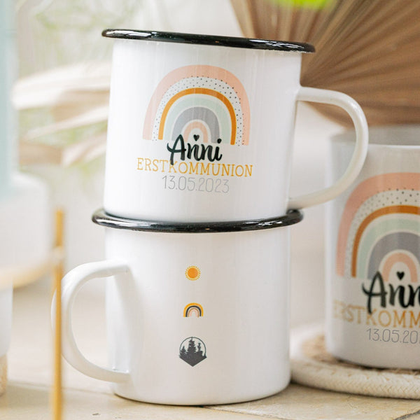 Emailletasse/ Keramiktasse zur Erstkommunion mit Wunschname und Datum