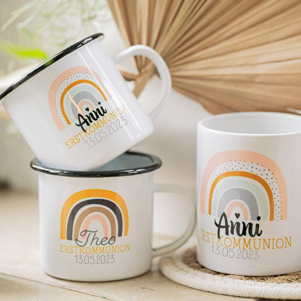 Emailletasse/ Keramiktasse zur Erstkommunion mit Wunschname und Datum