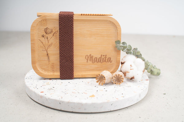 Brotdose | Lunchbox | Edelstahlbox mit Bambusdeckel und deinem Wunschnamen mit Herz