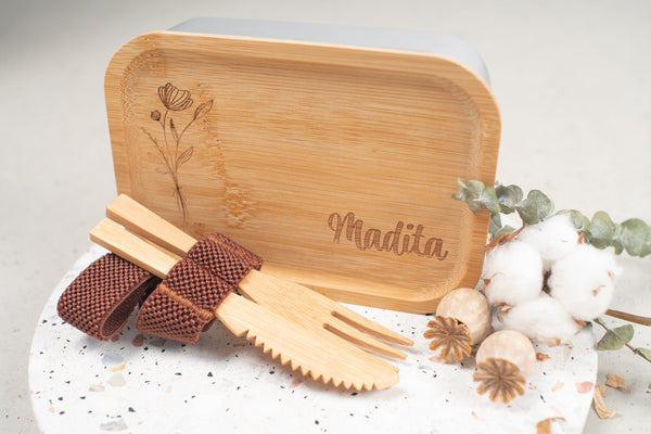 Brotdose | Lunchbox | Edelstahlbox mit Bambusdeckel und deinem Wunschnamen mit Herz