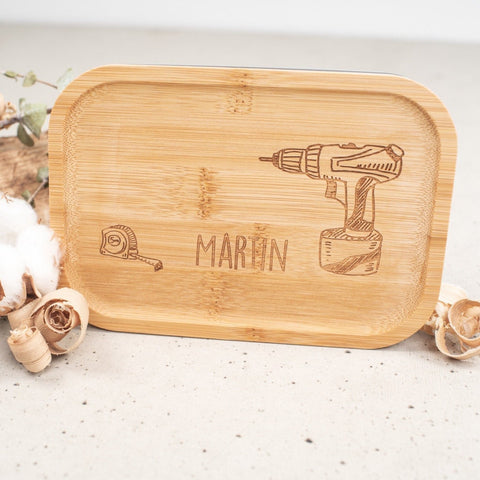 Brotdose "Handwerker" | Lunchbox | Edelstahlbox mit Bambusdeckel und deinem Wunschnamen