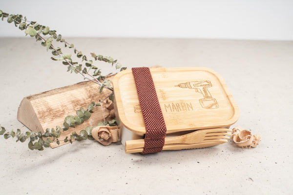 Brotdose "Handwerker" | Lunchbox | Edelstahlbox mit Bambusdeckel und deinem Wunschnamen