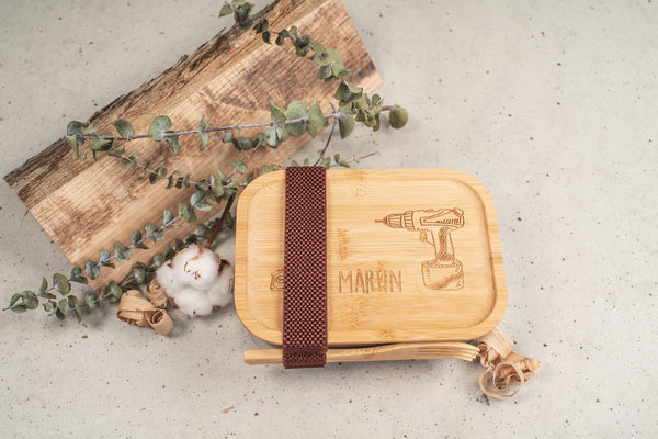 Brotdose "Handwerker" | Lunchbox | Edelstahlbox mit Bambusdeckel und deinem Wunschnamen