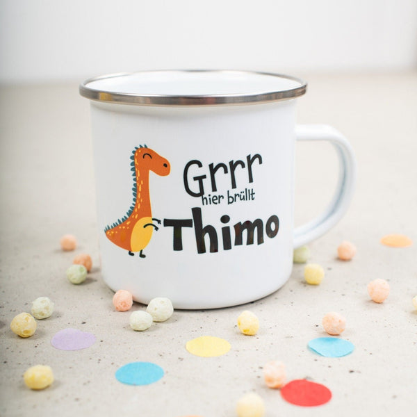 Emailletasse "Hier brüllt" T-Rex mit Wunschname