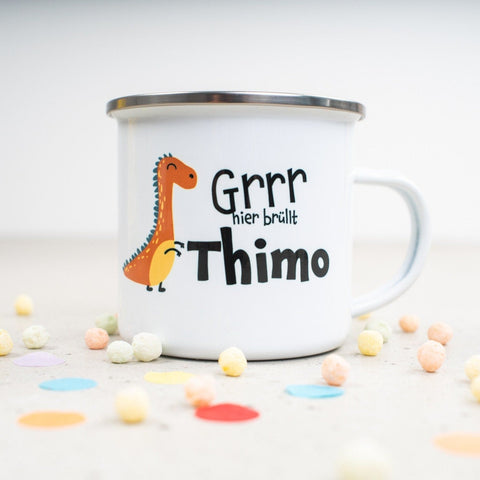 Emailletasse "Hier brüllt" T-Rex mit Wunschname