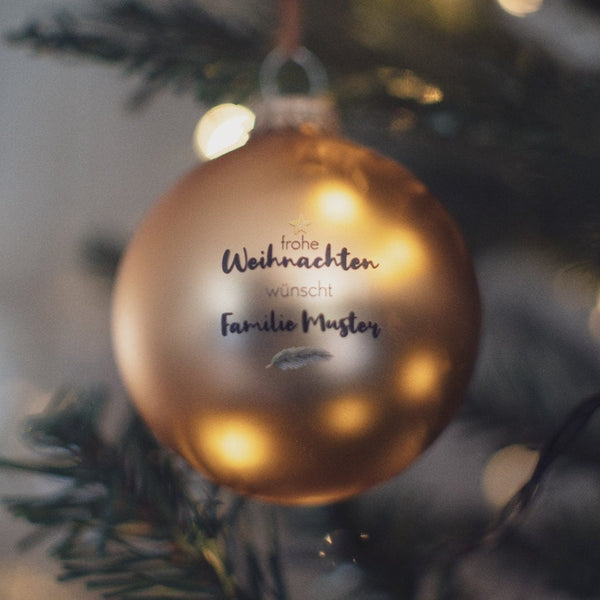 Christbaumkugel, Weihnachtskugel mit Personalisierung, hochwertiger UV Druck, matt weiß mit Wunschname, frohe Weihnachten