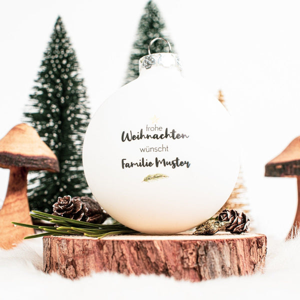 Christbaumkugel, Weihnachtskugel mit Personalisierung, hochwertiger UV Druck, matt weiß mit Wunschname, frohe Weihnachten