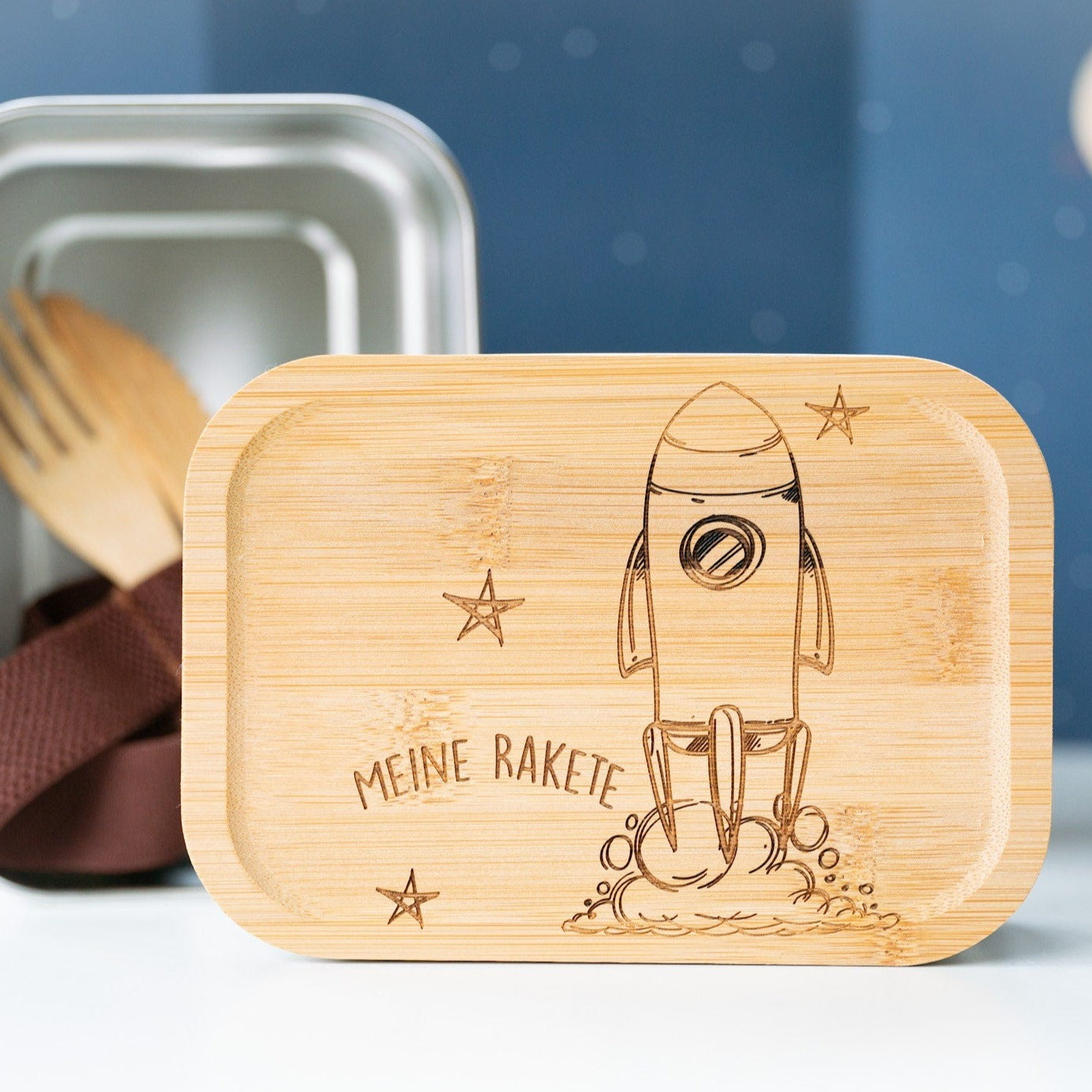 Brotdose "Weltraum" | Edelstahlbox mit Bambusdeckel und deinem Wunschnamen