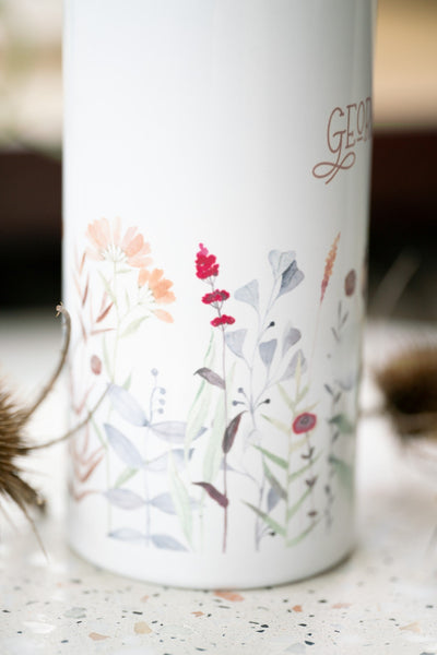 Edelstahl Trinkflasche weiß mit Sublimation florales Aquarell mit Wunschname für Schulkind 2023 23