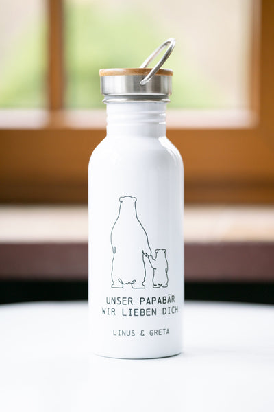 "Papabär" Edelstahl Trinkflasche weiß mit Wunschname