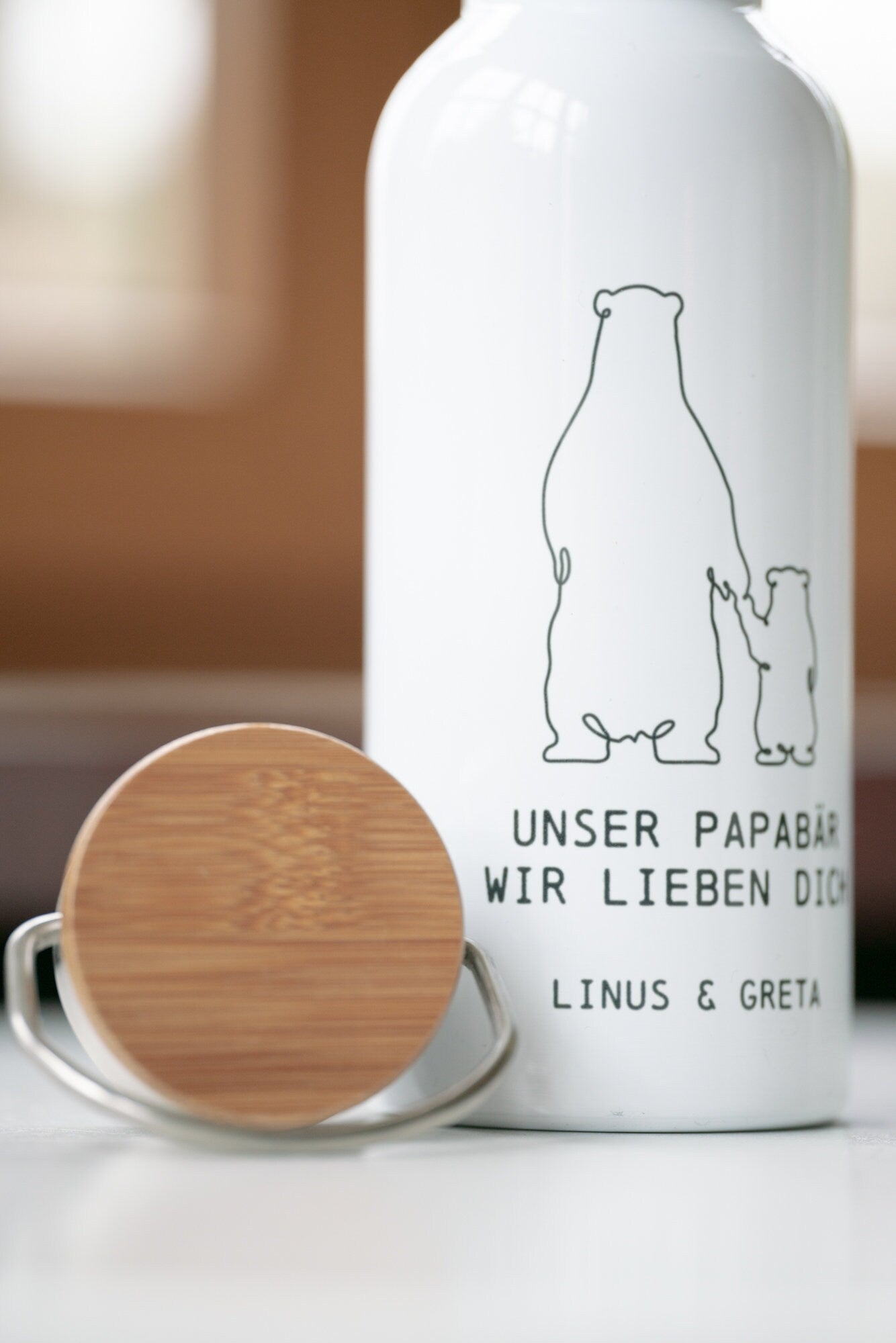 "Papabär" Edelstahl Trinkflasche weiß mit Wunschname