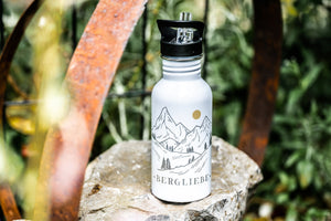 Edelstahl Trinkflasche mit Strohhalm weiß oder silber mit Sublimation Bergliebe | wandern | reisen, boho Regenbogen, floral, Blütenzweig