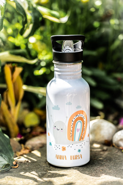 Edelstahl Trinkflasche weiß mit Strohhalm Schnecke mit Wunschname | Kindergartenkind Schulkind 23 2023 Einschulung