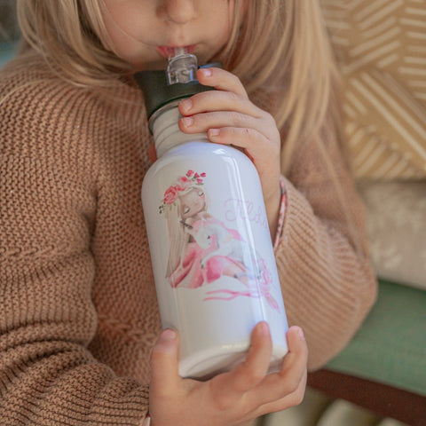 Trinkflasche „Mädchen mit Einhorn“ mit Strohhalm und Wunschname