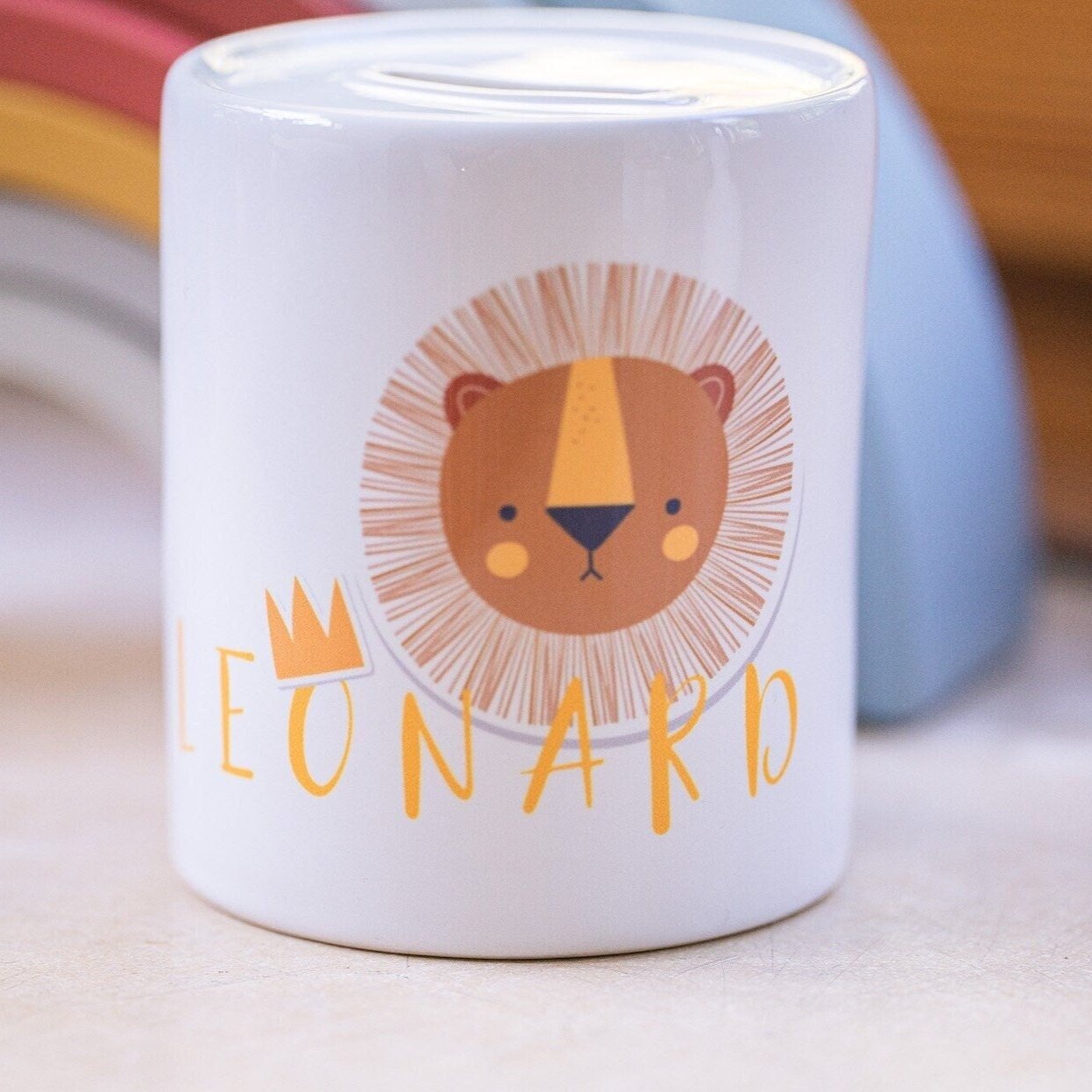 Spardose aus Keramik weiß boho Löwe mit Wunschname, Geschenk zu Weihnachten oder zum Geburtstag für Kinder, zur Geburt, Schulkind 23