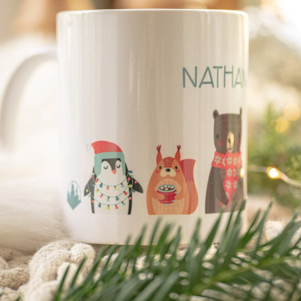 Tasse aus Keramik weiß mit Weihnachtstieren und Wunschname