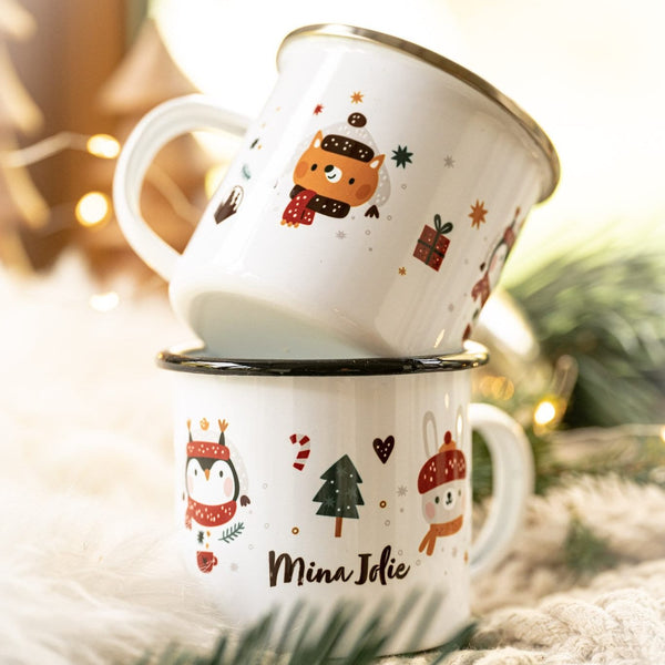 Emailletasse "Kinderweihnachtstasse" mit Wunschname