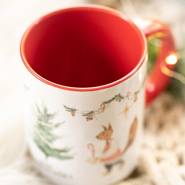 „Eichhörnchen Weihnacht“ Tasse aus Keramik weiß Innenfarbe und Henkel Rot