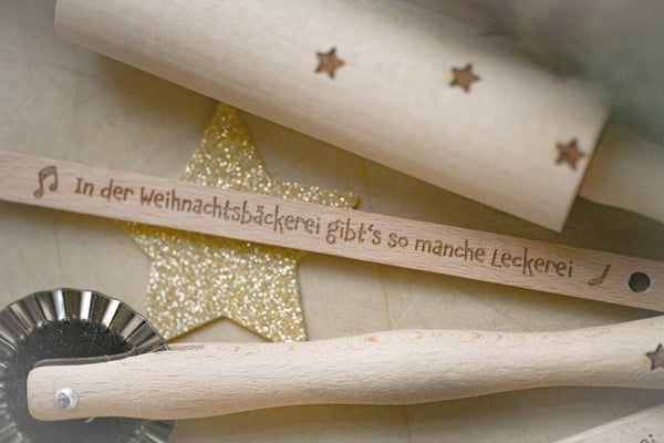 Plätzchenbackset für Kinder 4 teilig, Plätzchenrolle, Nudelholz mit deinem Wunschnamen, Geschenk für Kinder, In der Weihnachtsbäckerei