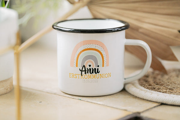 Tasse aus Keramik weiß Erstkommunion mit Wunschname und Datum, Regenbogen, Geschenk zur Kommunion