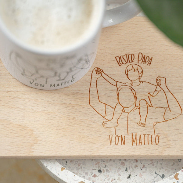 Vatertagsgeschenk-Set aus Brettchen, Tasse und Suppen- oder Müslibecher