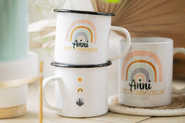Tasse aus Keramik weiß Erstkommunion mit Wunschname und Datum, Regenbogen, Geschenk zur Kommunion