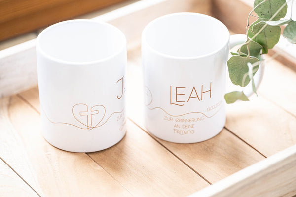 Tasse aus Keramik weiß Firmung, Konfirmation mit Wunschname und Datum, Kreuz, Geschenk zur Kommunion, zur Erinnerung