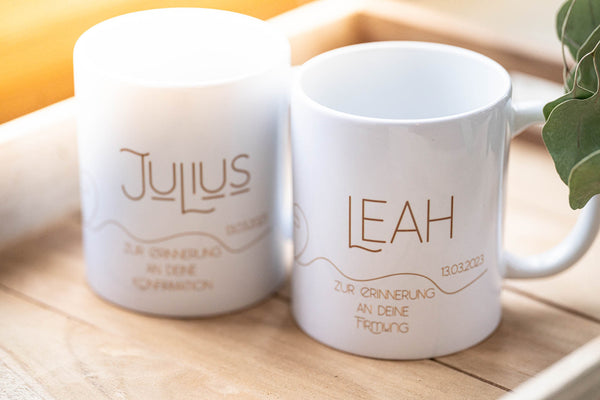 Tasse aus Keramik weiß Firmung, Konfirmation mit Wunschname und Datum, Kreuz, Geschenk zur Kommunion, zur Erinnerung