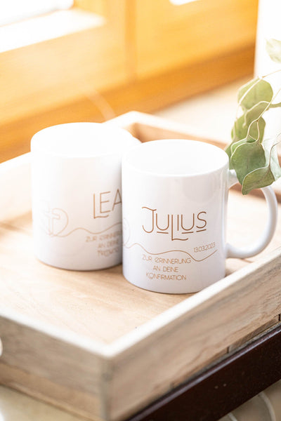 Tasse aus Keramik weiß Firmung, Konfirmation mit Wunschname und Datum, Kreuz, Geschenk zur Kommunion, zur Erinnerung