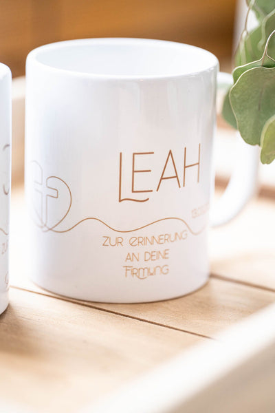 Tasse aus Keramik weiß Firmung, Konfirmation mit Wunschname und Datum, Kreuz, Geschenk zur Kommunion, zur Erinnerung
