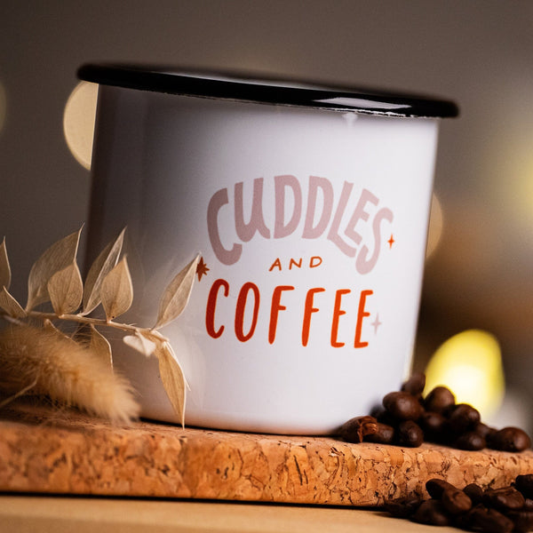Emailletasse, Tasse, Becher, Trinkbecher mit Motiv „Cuddles and Coffee“