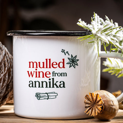 Emailletasse „mulled wine from ...“ mit Wunschname