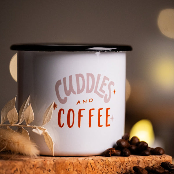 Emailletasse, Tasse, Becher, Trinkbecher mit Motiv „Cuddles and Coffee“