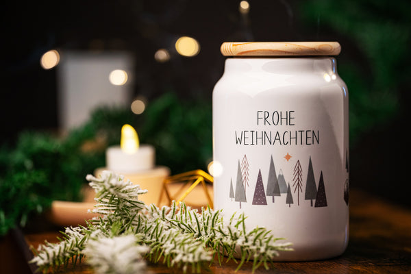 Keksdose Keramikdose "Frohe/Fröhliche Weihnachten" "Merry Christmas" 650ml mit Holzdeckel, Geschenk für Lehrerin, Kollegin, Freunde Mama